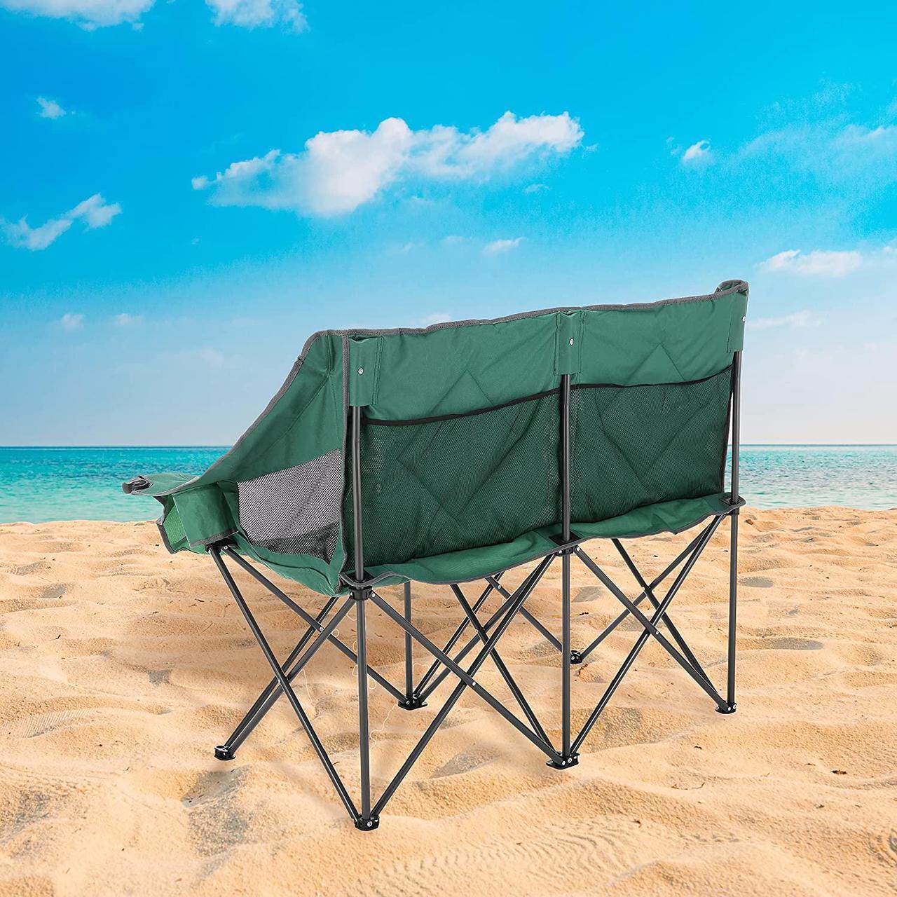 Alt view image 7 of 8 - ARROWHEAD OUTDOOR Portable Folding Double Duo Camping Chair Loveseat w/ 2 Cup & Wine Glass Holder, Heavy-Duty Carrying Bag, Padded Seats & Armrests, Supports up to 500lbs, USA-Based Support, Green