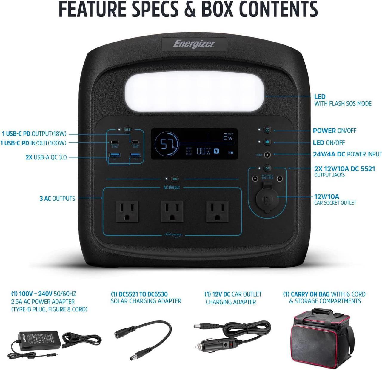 Alt view image 4 of 7 - Energizer 960W MAX Portable Power Station, LiFePO4 (LFP), Solar Generator, 110V/700W Pure Sine Wave AC Outlet, USB-C PD 100W, w/ Case, LED, Outdoor, Home Emergency, Power Outage, RV, Camping, CPAP
