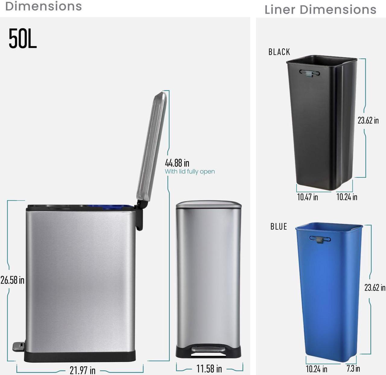 Alt view image 5 of 6 - Home Zone Living 13 Gallon Kitchen Trash Can, Dual Compartment Recycle Combo, Slim Stainless Steel, 50 Liter, Silver