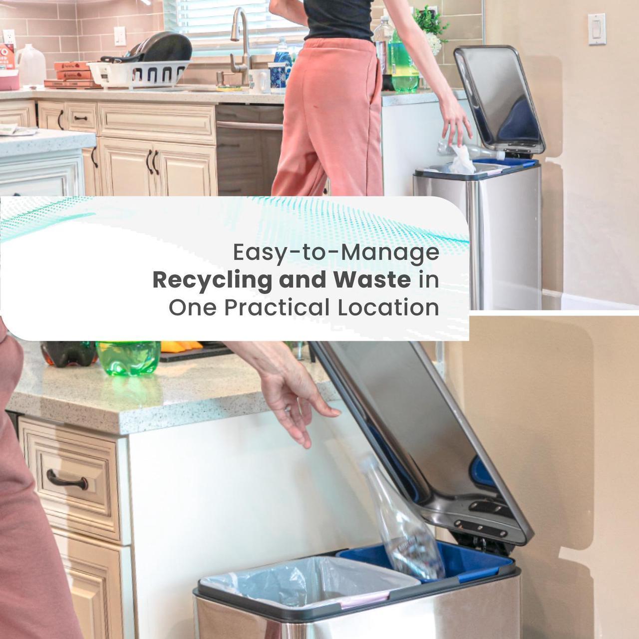Alt view image 4 of 6 - Home Zone Living 13 Gallon Kitchen Trash Can, Dual Compartment Recycle Combo, Slim Stainless Steel, 50 Liter, Silver