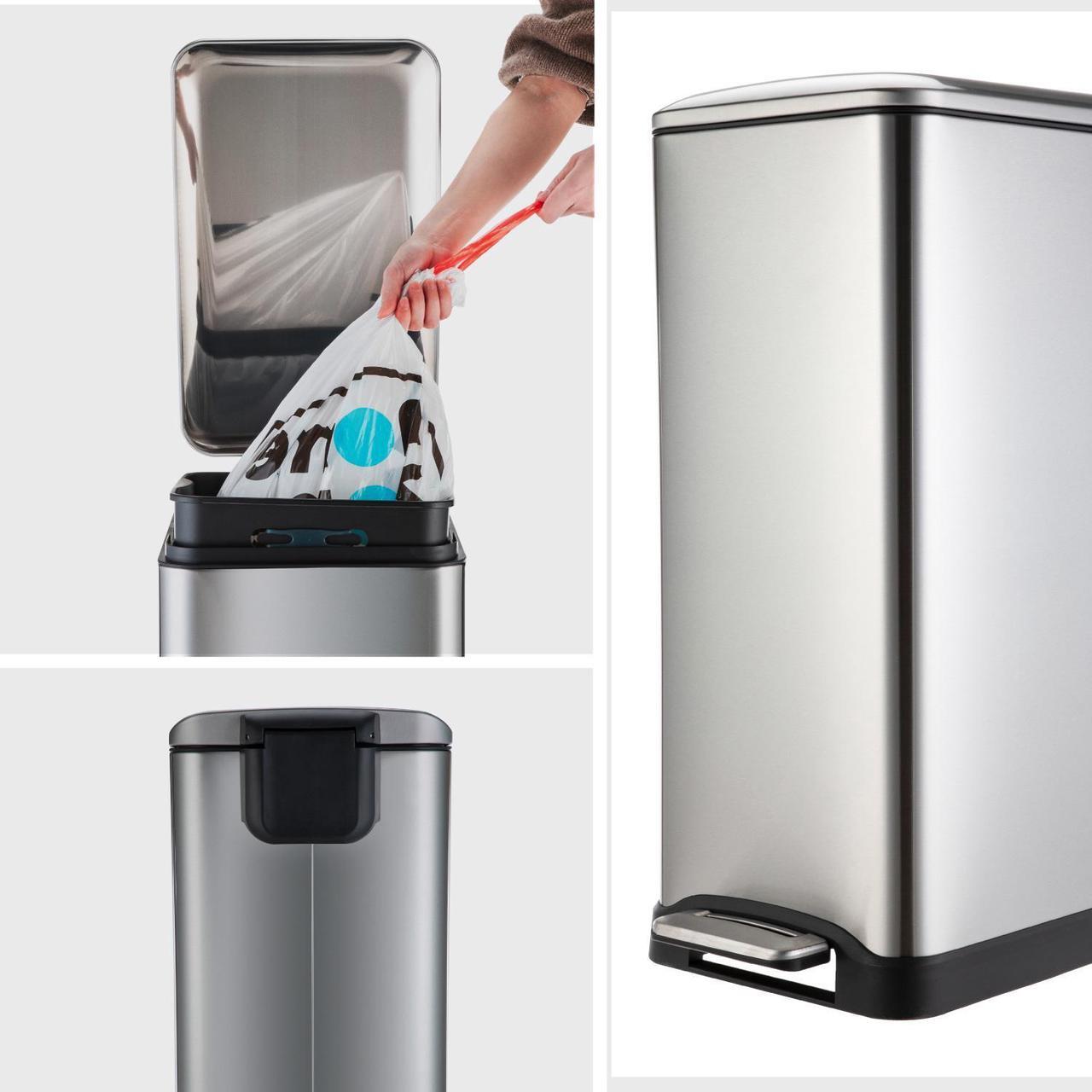 Alt view image 6 of 6 - Home Zone Living 13 Gallon Kitchen Trash Can, Dual Compartment Recycle Combo, Slim Stainless Steel, 50 Liter, Silver