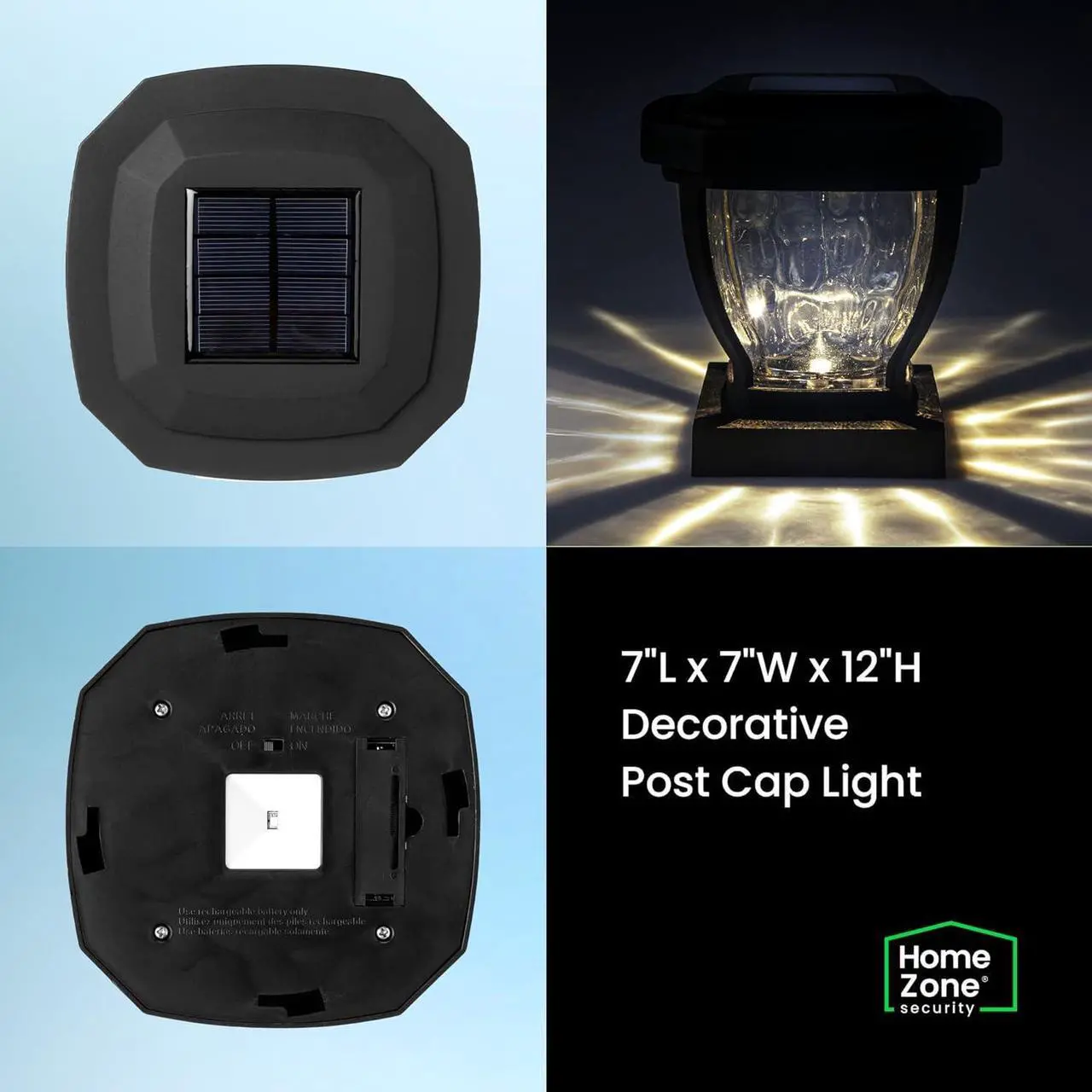 Alt view image 7 of 7 - Home Zone Security Solar Post Cap Lights - Decorative Glass LED Outdoor 4x4 (3.5 x 3.5 in.) Post Lights, Black (2-Pack)
