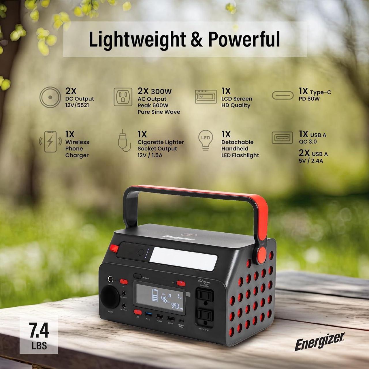 Alt view image 3 of 5 - Energizer 293W Portable Power Station, Flashlight, Lithium, Solar Generator, 120V/300W(Peak 600W) Pure Sine Wave AC Outlet, 60W USB-C PD, Case, Outdoor, Home Emergency, Power Outage, RV, Camping, CPAP