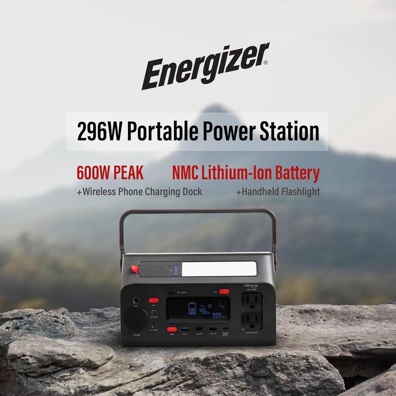 Alt view image 2 of 5 - Energizer 293W Portable Power Station, Flashlight, Lithium, Solar Generator, 120V/300W(Peak 600W) Pure Sine Wave AC Outlet, 60W USB-C PD, Case, Outdoor, Home Emergency, Power Outage, RV, Camping, CPAP