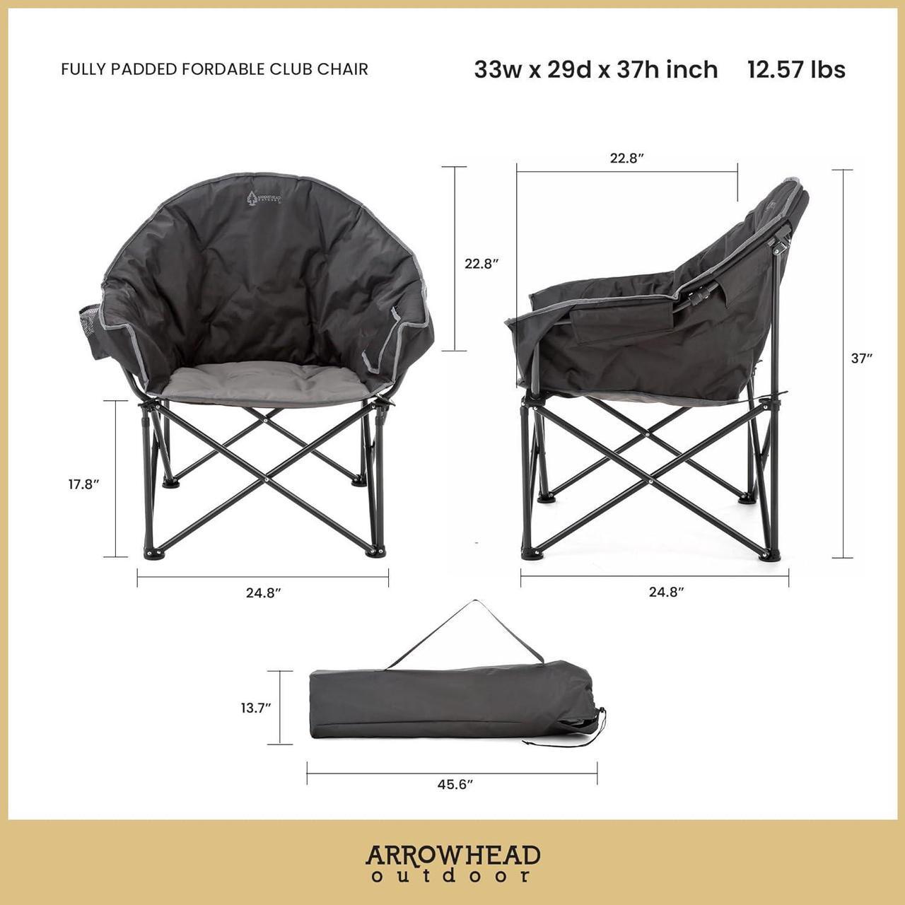 Alt view image 3 of 8 - ARROWHEAD OUTDOOR Oversized Heavy-Duty Club Folding Camping Chair w/External Pocket, Cup Holder, Portable, Padded, Moon, Round, Saucer, Supports 330lbs, Carrying Bag, USA-Based Support