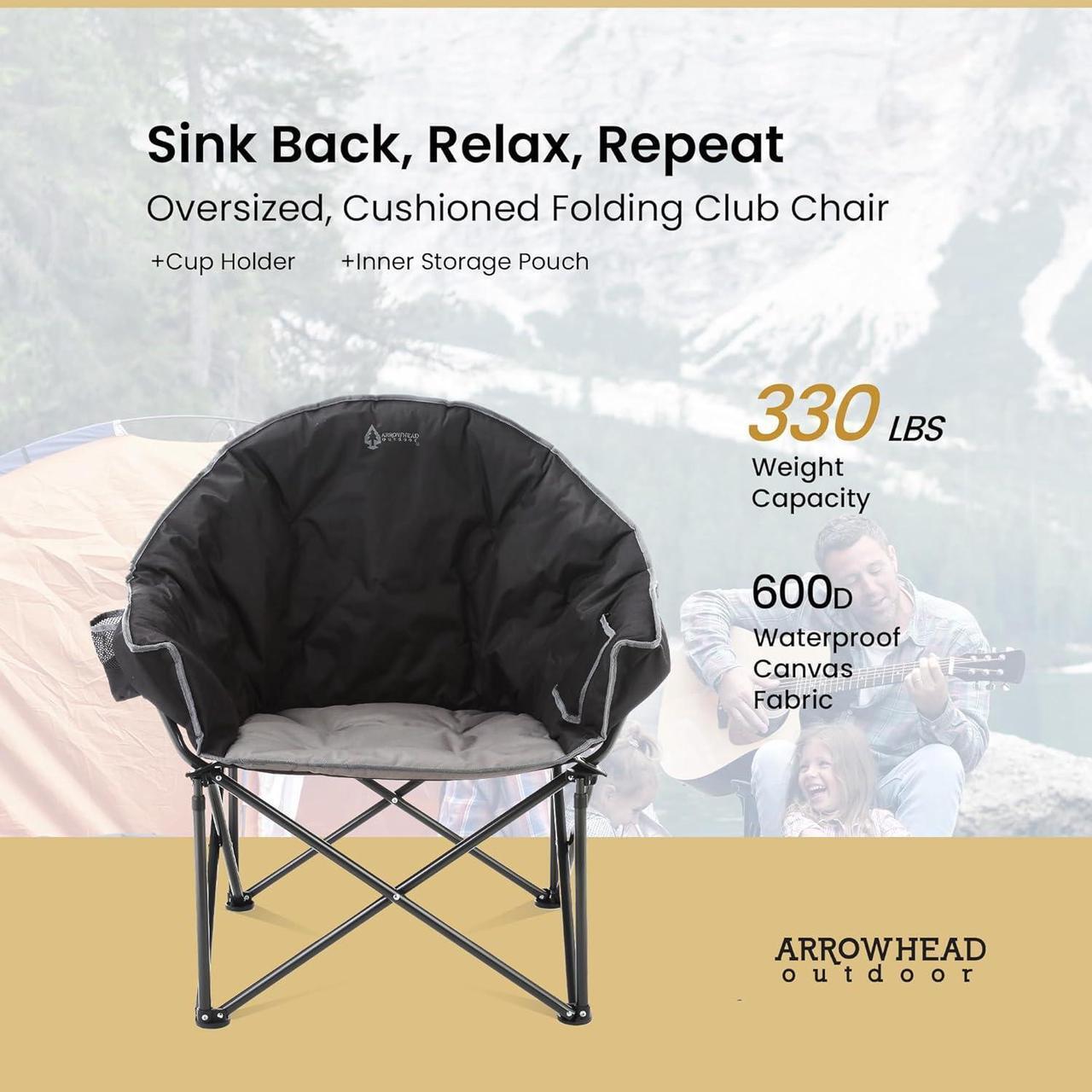 Alt view image 4 of 8 - ARROWHEAD OUTDOOR Oversized Heavy-Duty Club Folding Camping Chair w/External Pocket, Cup Holder, Portable, Padded, Moon, Round, Saucer, Supports 330lbs, Carrying Bag, USA-Based Support