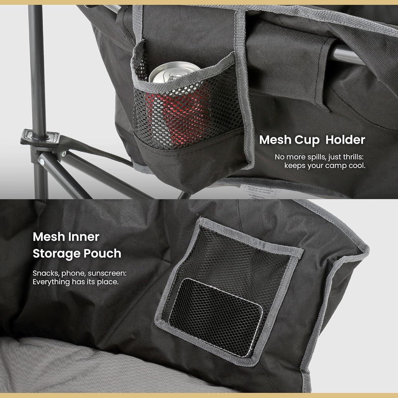 Alt view image 6 of 8 - ARROWHEAD OUTDOOR Oversized Heavy-Duty Club Folding Camping Chair w/External Pocket, Cup Holder, Portable, Padded, Moon, Round, Saucer, Supports 330lbs, Carrying Bag, USA-Based Support