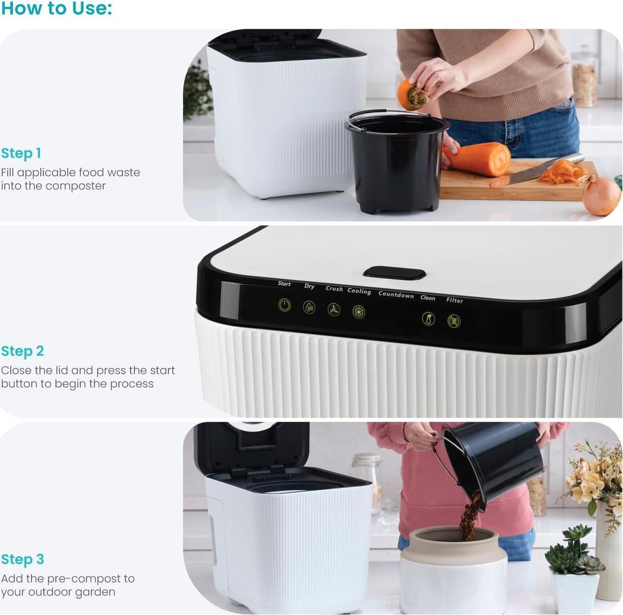Alt view image 4 of 7 - Home Zone Living Electric Kitchen Waste Composter, Pre Compost, Auto Cleaning Cycle, 3 Liter Capacity, White