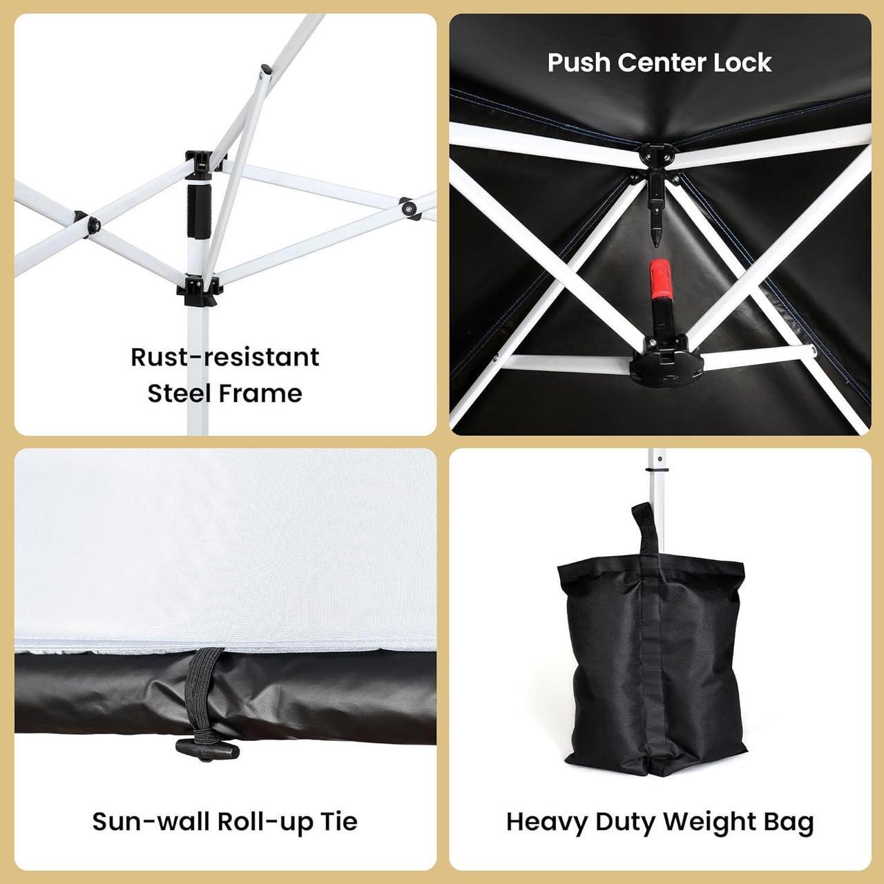 Alt view image 7 of 8 - ARROWHEAD OUTDOOR 6'x6' Top / 8'x8' Base Backpack Pop-up Canopy with Sunwall, Sand Bags, Guide Ropes, Ground Stakes, UV-Resistant, Hands Free Carrying - White