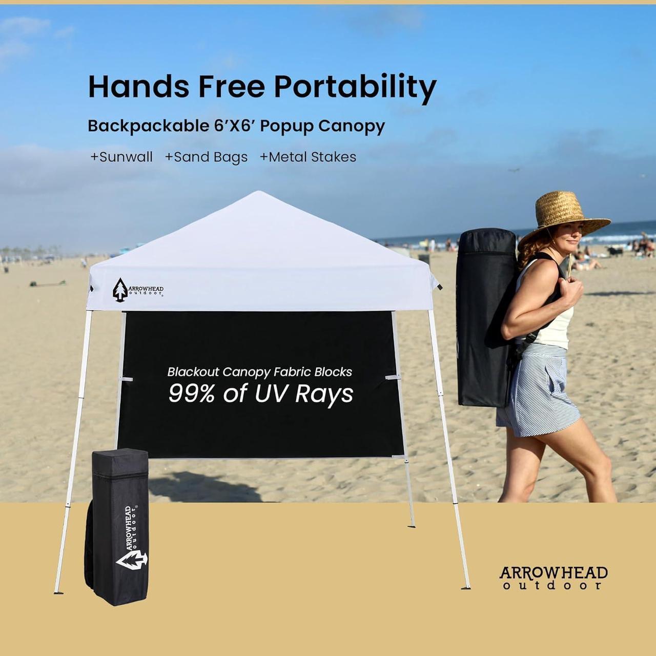 Alt view image 4 of 8 - ARROWHEAD OUTDOOR 6'x6' Top / 8'x8' Base Backpack Pop-up Canopy with Sunwall, Sand Bags, Guide Ropes, Ground Stakes, UV-Resistant, Hands Free Carrying - White