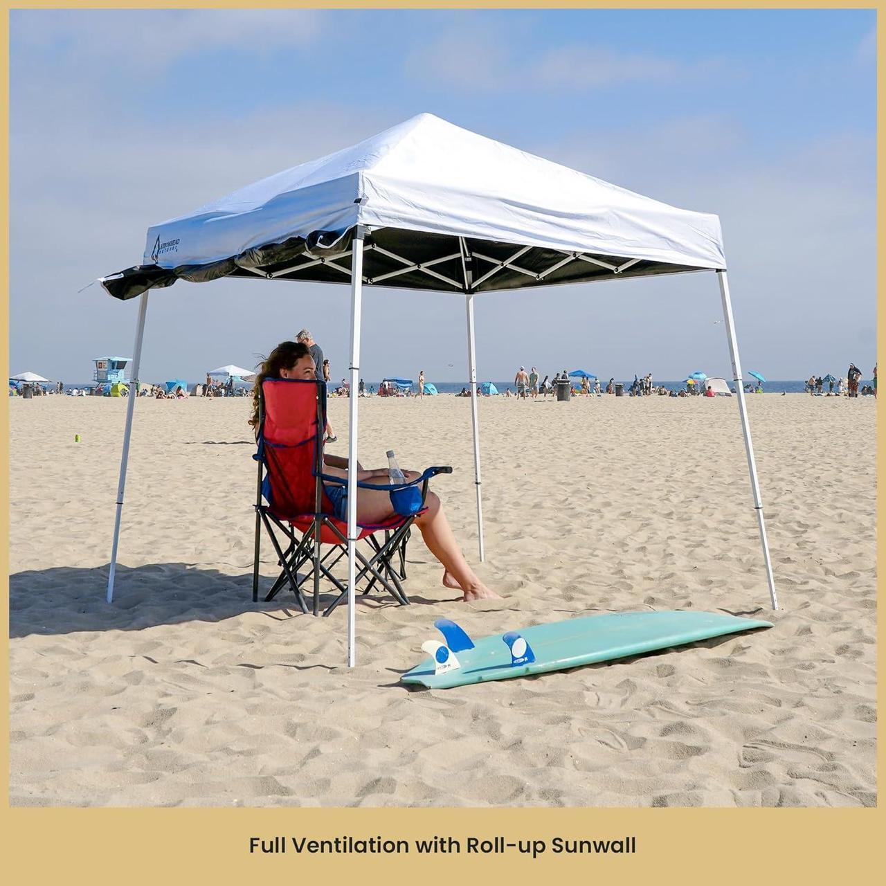 Alt view image 2 of 8 - ARROWHEAD OUTDOOR 6'x6' Top / 8'x8' Base Backpack Pop-up Canopy with Sunwall, Sand Bags, Guide Ropes, Ground Stakes, UV-Resistant, Hands Free Carrying - White