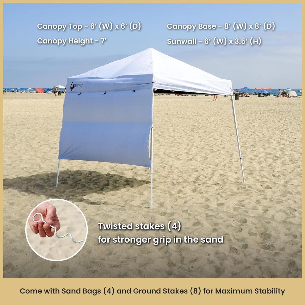 Alt view image 5 of 8 - ARROWHEAD OUTDOOR 6'x6' Top / 8'x8' Base Backpack Pop-up Canopy with Sunwall, Sand Bags, Guide Ropes, Ground Stakes, UV-Resistant, Hands Free Carrying - White