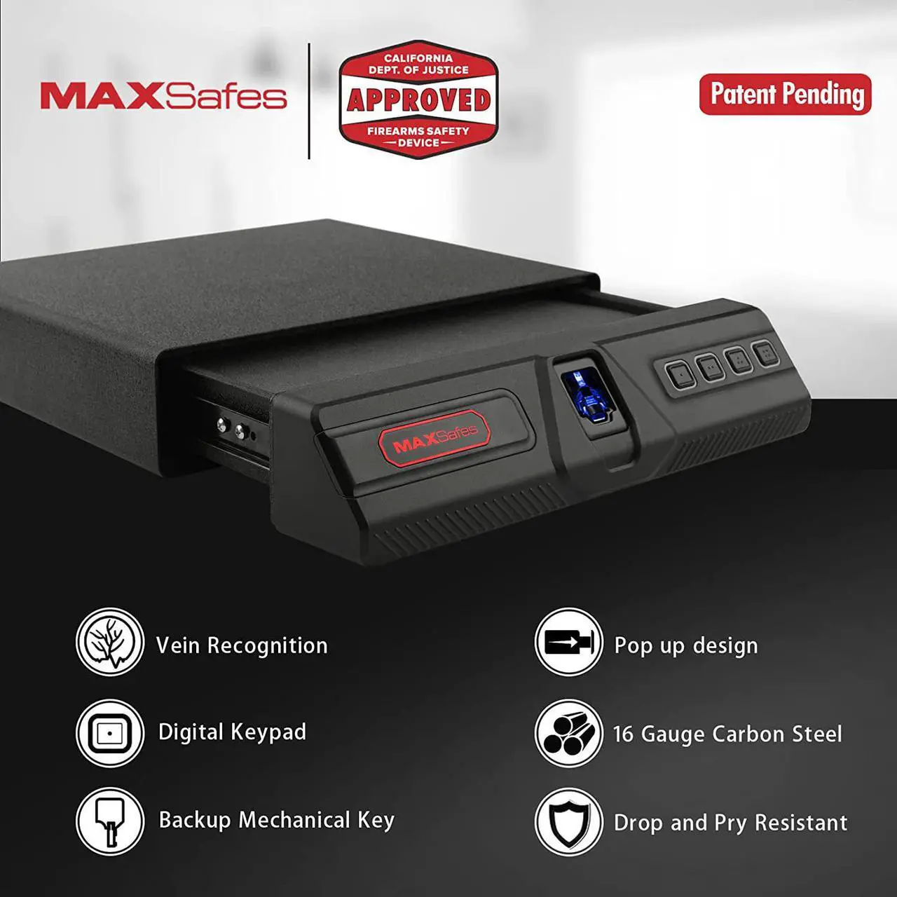 Alt view image 3 of 7 - MAXSafes Under Desk Drawer Gun Safe with Super Biometric Finger Vein Recognition Lock, Quick-Access and Slide-Away Handgun Safe, 2 Pistols Safe Box, CA DOJ Approved