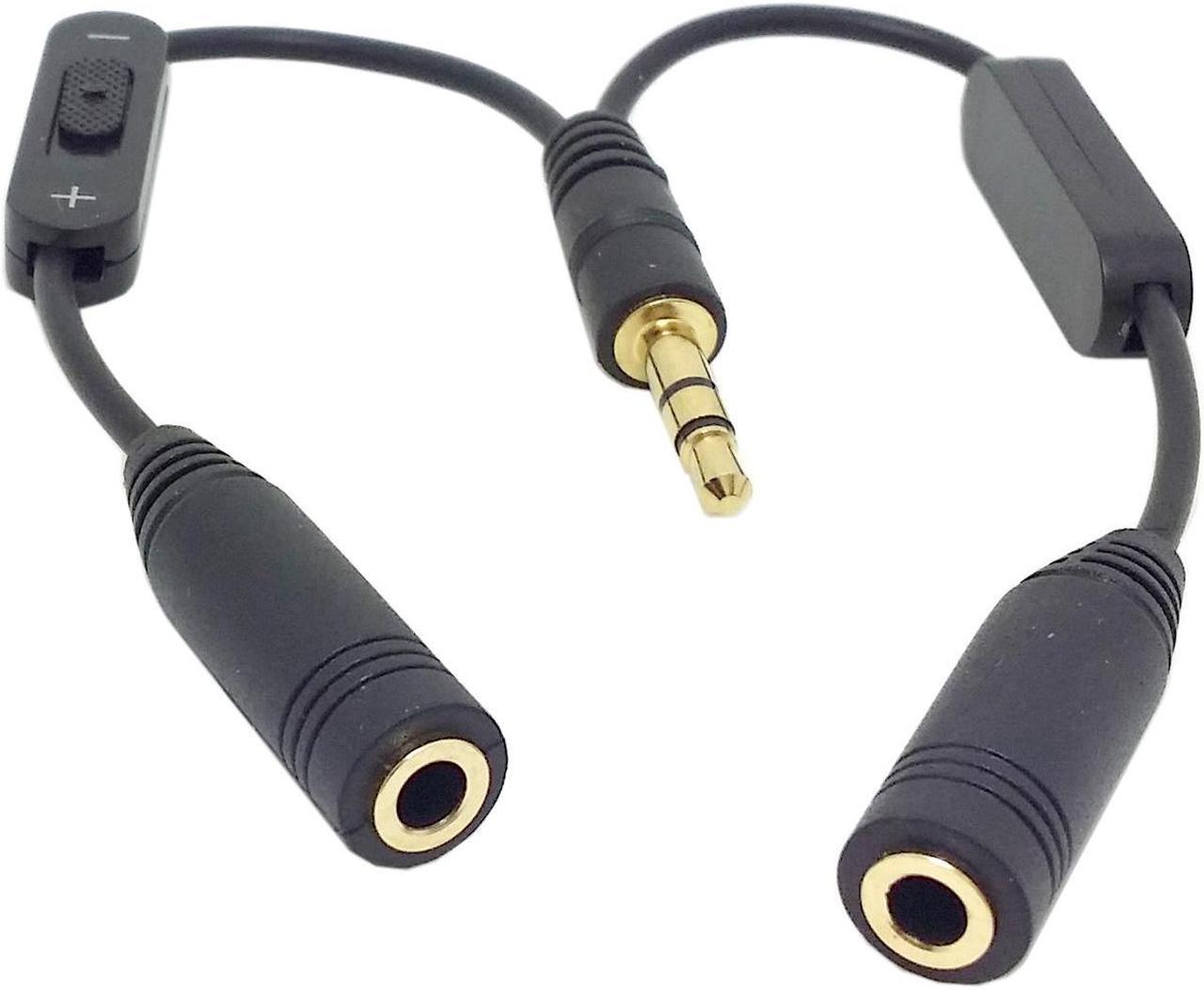 1 in 2 out 3.5mm Stereo Male to Double mono 3.5 mm Female Audio Headphone Y Splitter Cable with Volume Switch Black