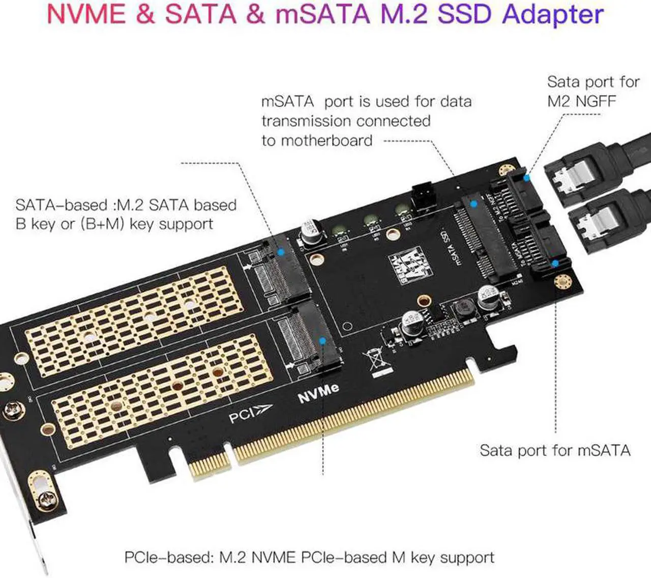 Alt view image 2 of 3 - 3 in 1 NGFF and MSATA SSD Adapter Card,M.2 NVME to PCIE/M.2 SATA SSD to SATA III/MSATA to SATA Adapter for 2280/2260