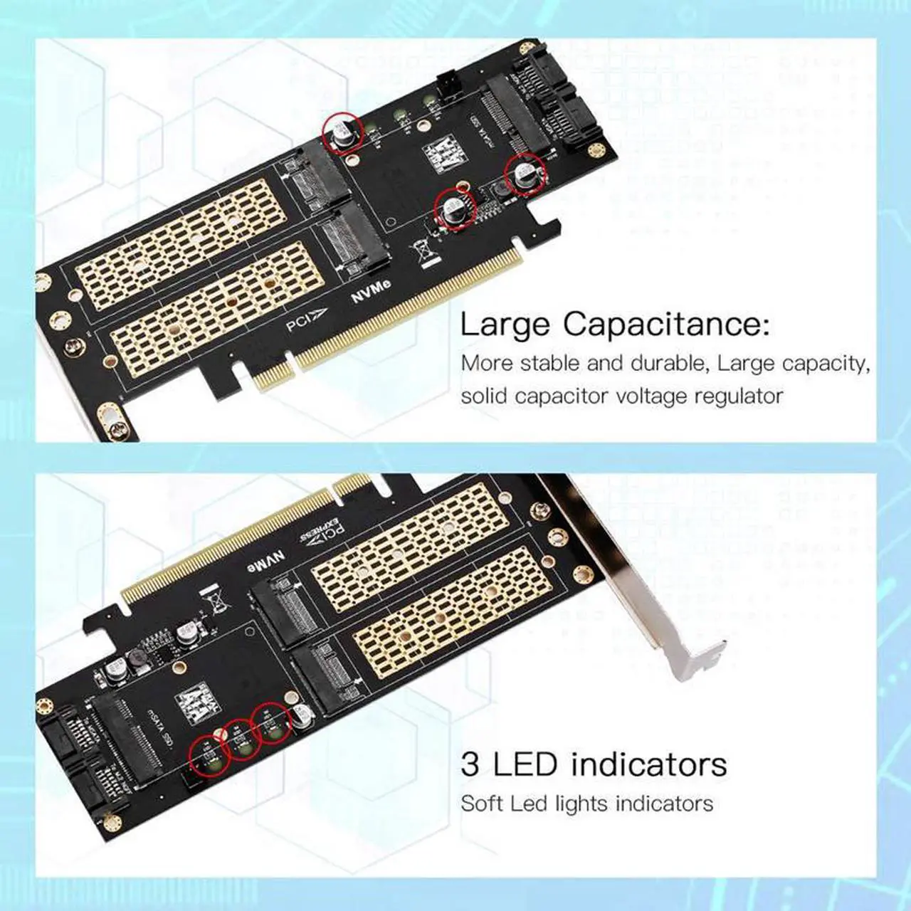 Alt view image 3 of 3 - 3 in 1 NGFF and MSATA SSD Adapter Card,M.2 NVME to PCIE/M.2 SATA SSD to SATA III/MSATA to SATA Adapter for 2280/2260