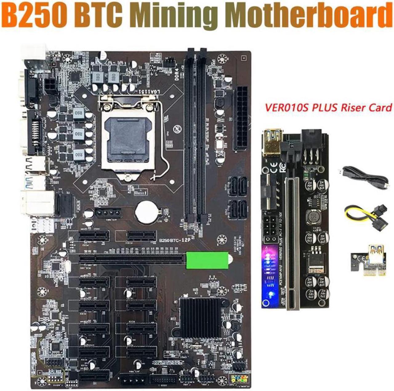 BTC B250 Mining Motherboard with VER010S PLUS Riser 12XGraphics Card Slot LGA 1151 DDR4 USB3.0 for BTC Miner Mining