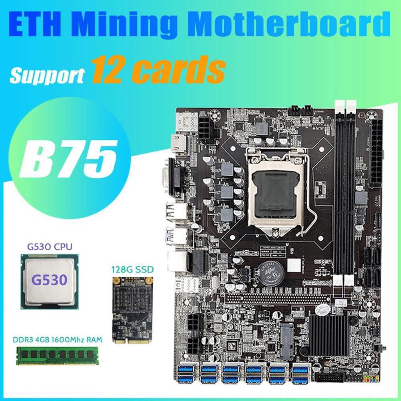 B75 BTC Mining Motherboard 12 PCIE to USB3.0+G530 CPU+DDR3 4GB 1600Mhz RAM+128G MSATA SSD B75 USB Miner Motherboard