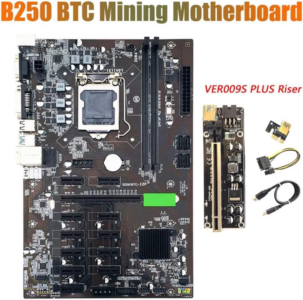 B250 BTC Mining Motherboard with VER009S PLUS Riser 12XGraphics Card Slot LGA 1151 DDR4 SATA3.0 USB3.0 for BTC Miner