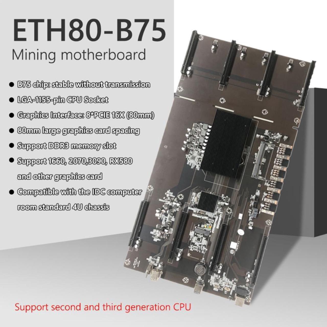 ETH80 B75 Miner Motherboard IDC 4U Chassis BTC Mining Motherboard LGA 1155 Pin 8XPCIE 16X 80mm DDR3 Memory Slot