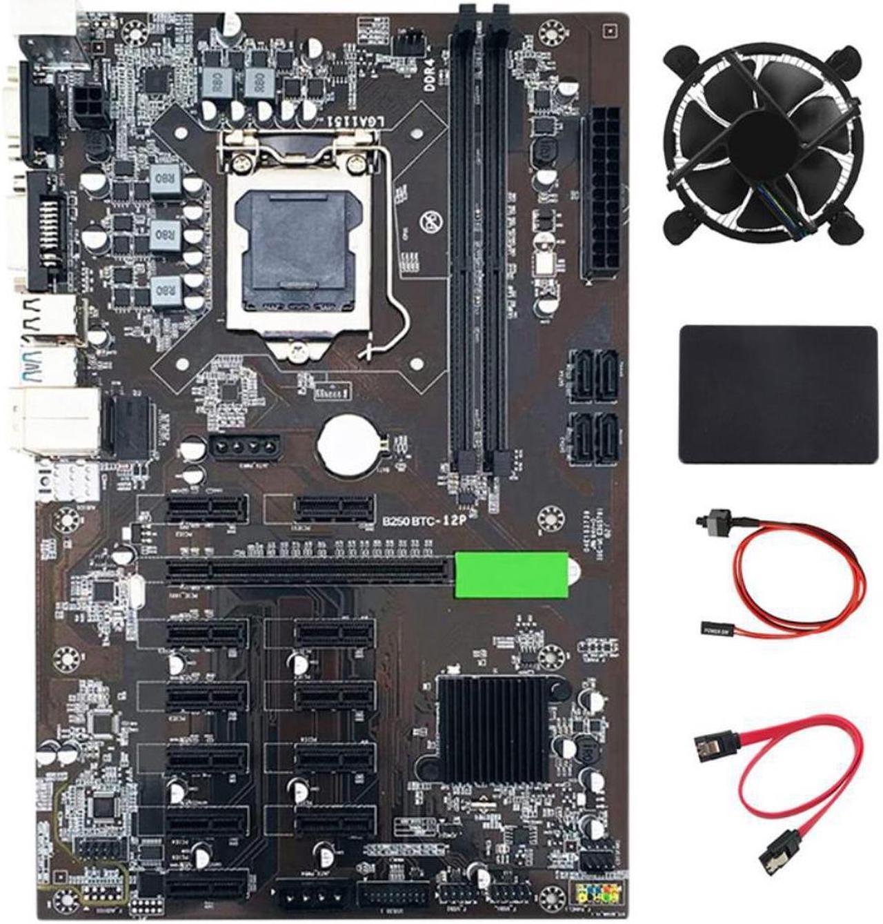 B250 BTC Mining Motherboard 12 PCIE Card LGA1151 with SATA SSD 128G+Cooling Fan+SATA Cable+Switch Cable Support DDR4 VGA