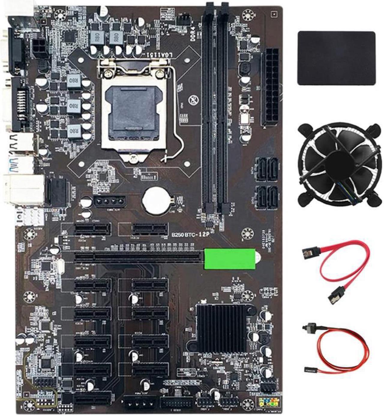 B250 BTC Mining Machine Motherboard 12 PCIE LGA1151 with SATA SSD 120G+Cooling Fan+SATA Cable+ Switch Cable Support DDR4