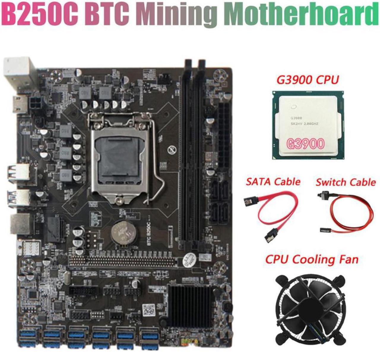 B250C BTC Mining Motherboard with G3900 CPU+Fan+SATA Cable+Switch Cable 12XPCIE to USB3.0 GPU Slot LGA1151 Supports DDR4