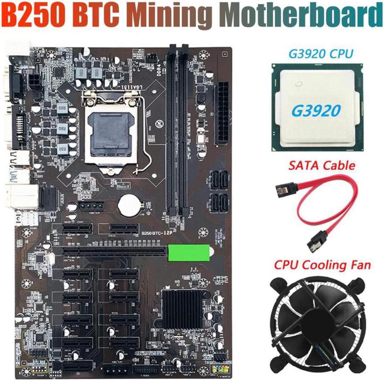 B250 BTC Miner Motherboard with G3920 CPU+Fan+SATA Cable 12XGraphics Card Slot LGA 1151 DDR4 USB3.0 for BTC Mining