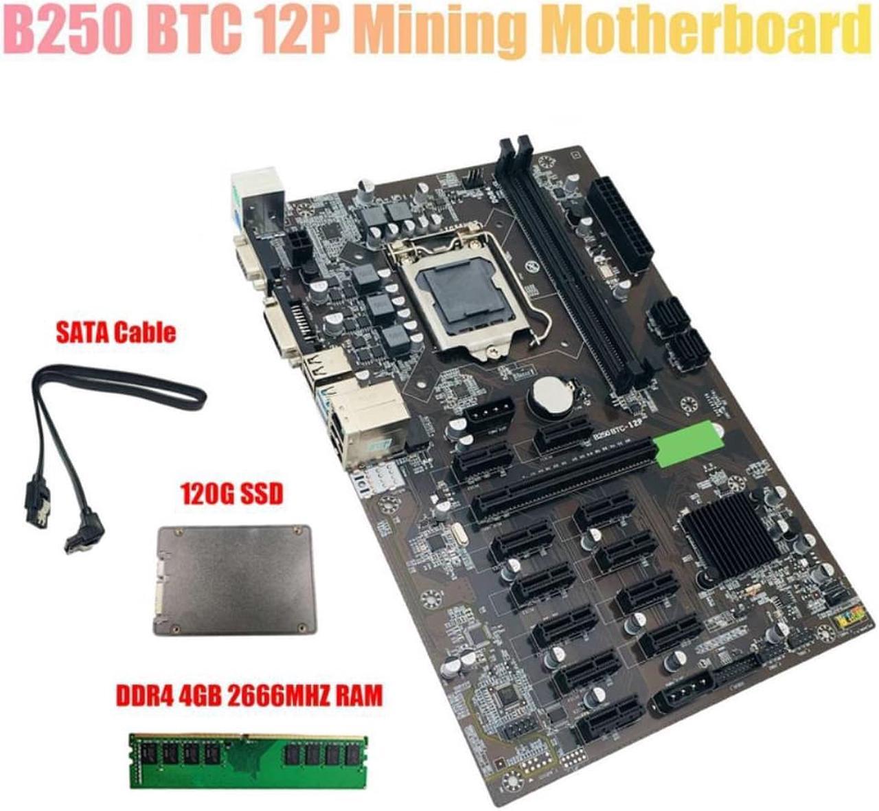 B250 BTC Mining Motherboard with SATA 120G SSD+DDR4 4GB 2666Mhz RAM+Cable LGA 1151 12XGraphics Card Slot for BTC Miner