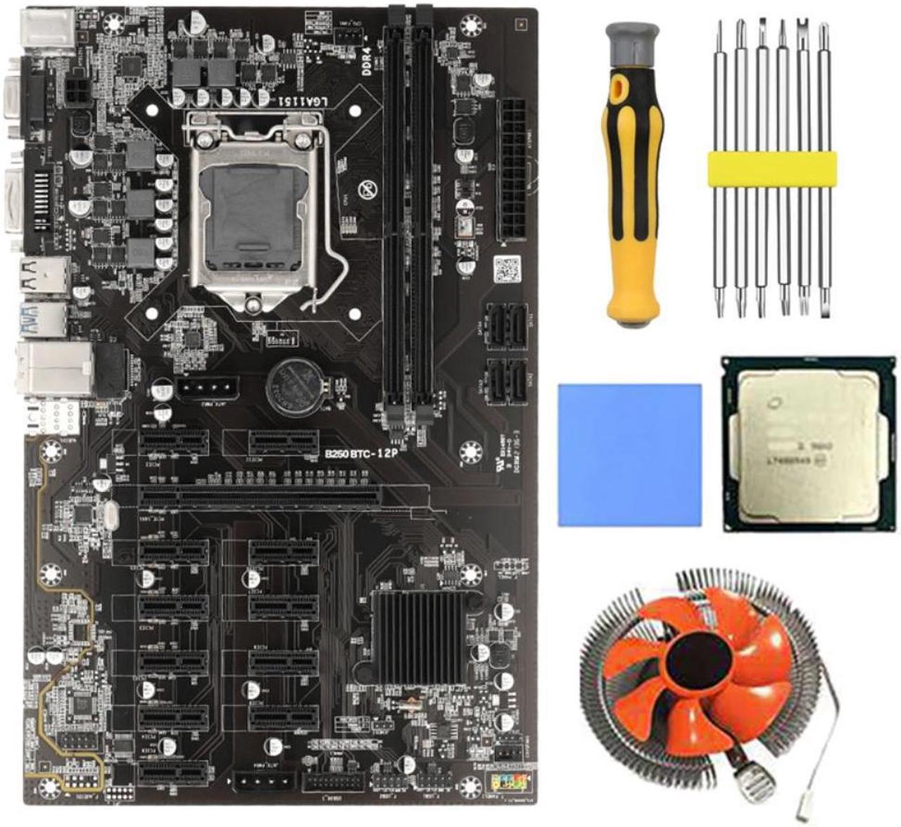 B250 BTC Mining Motherboard with G3900 CPU+Fan+Thermal Pad+Screwdriver 12 PCIE Graphics Slot LGA1151 DDR4 DIMM SATA3.0