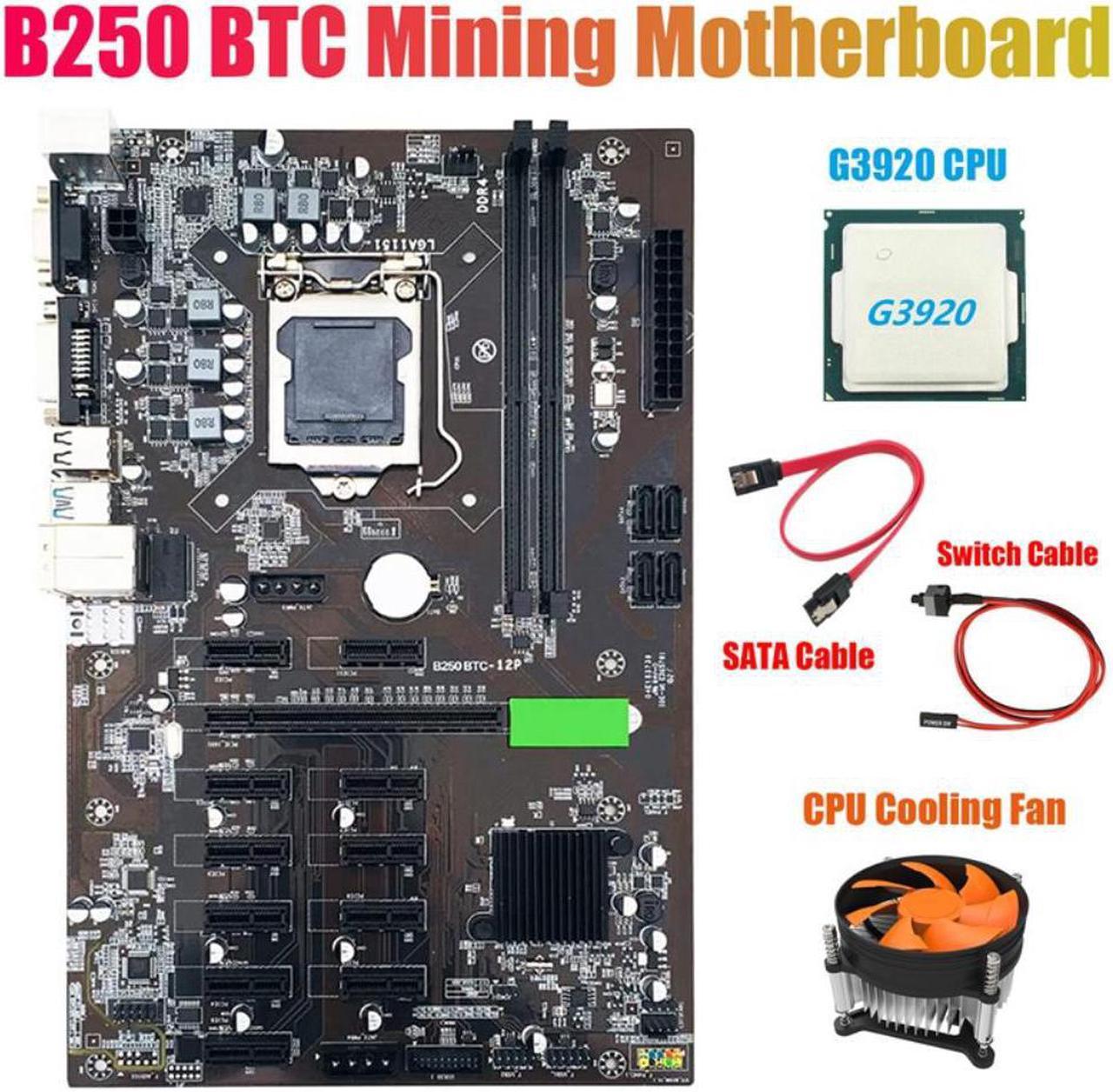 B250 BTC Mining Motherboard with G3920 CPU+Fan+Switch Cable+SATA Cable 12XGraphics Card Slot LGA 1151 DDR4 for BTC Miner