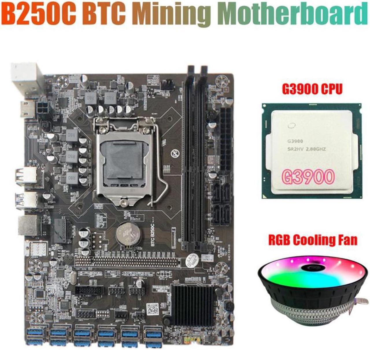 B250C Mining Motherboard with RGB Cooling Fan+G3900 CPU 12 PCIE to USB3.0 GPU Slot LGA1151 Support DDR4 RAM for BTC