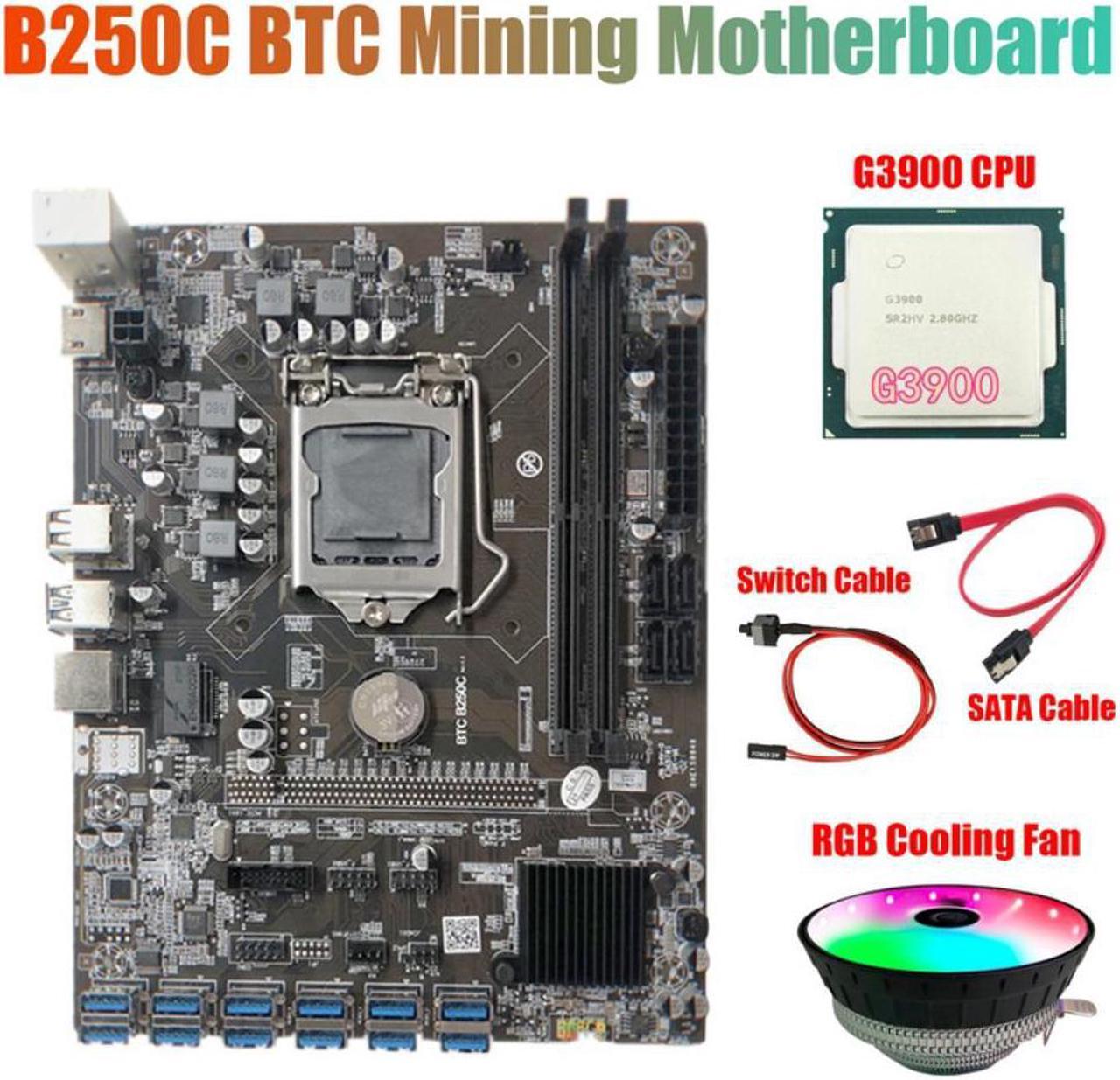 B250C Mining Motherboard with RGB Fan+G3900 CPU+Switch Cable+SATA Cable 12 PCIE to USB3.0 GPU Slot LGA1151 Support DDR4