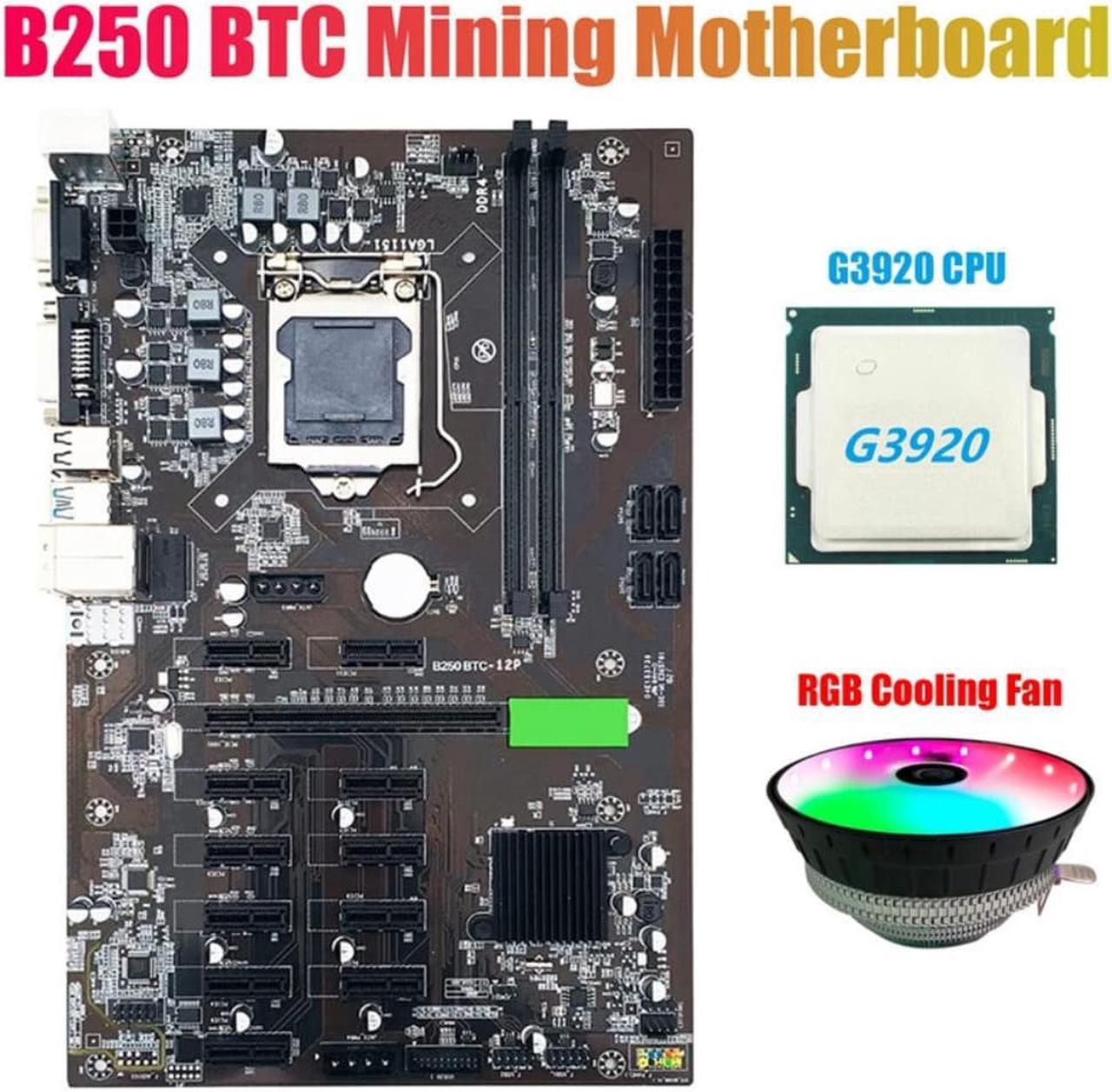 B250 BTC Mining Motherboard with G3920 CPU+RGB Fan 12XGraphics Card Slot LGA 1151 DDR4 USB3.0 SATA3.0 for BTC Miner