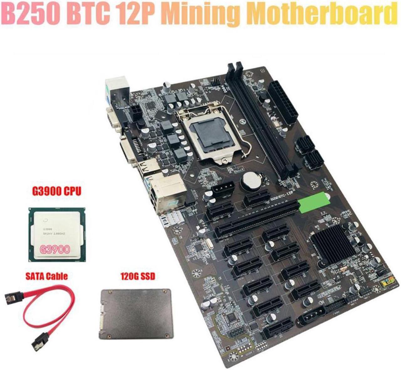 B250 BTC Mining Motherboard with G3900 CPU+120G SSD+SATA Cable Supports DDR4 LGA 1151 12XCard Slot for BTC Miner