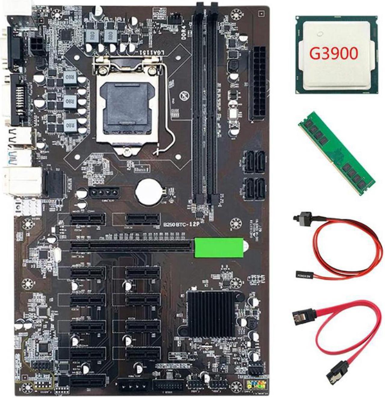 B250 BTC Mining Machine Motherboard LGA115112 16X Graph Card with DDR4 4GB 2666MHZ RAM+SATA Cable+Switch Cable+G3900 CPU