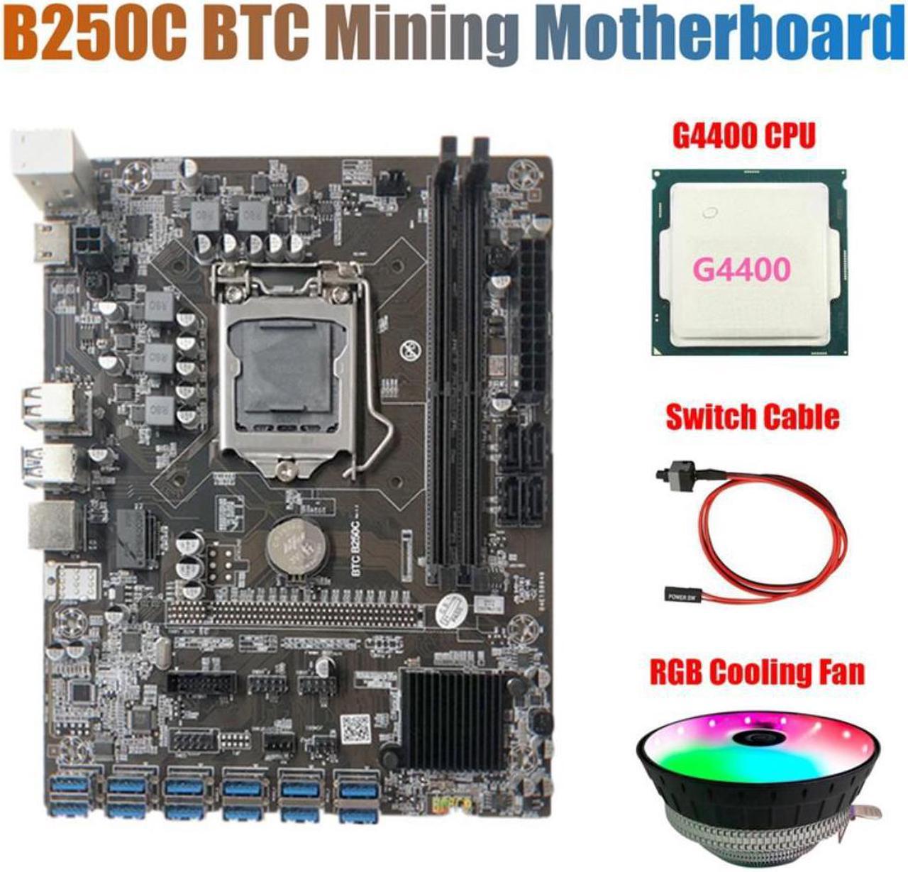 B250C Mining Motherboard with RGB Fan+G4400 CPU+Switch Cable 12 PCIE to USB3.0 GPU Slot LGA1151 Support DDR4 DIMM RAM