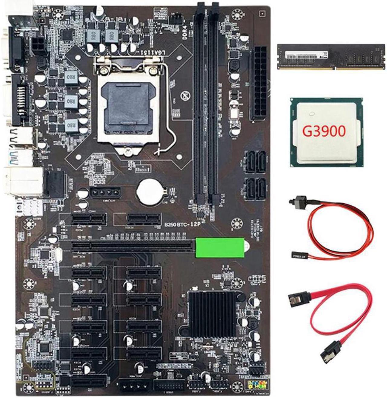 B250 BTC Mining Motherboard 12 PCIE 16X Graph Card LGA1151 with DDR4 4GB 2133MHZ RAM +Switch Cable+G3900 CPU +SATA Cable