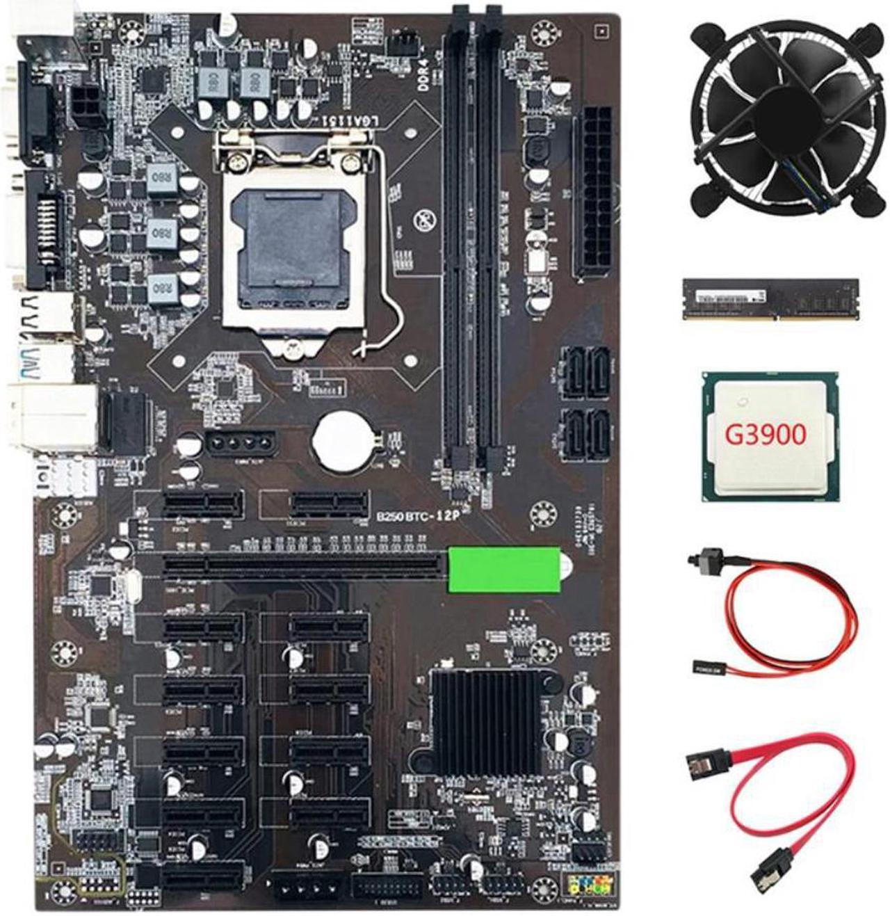 B250 BTC Mining Machine Motherboard LGA1151 with SATA Cable+ Switch Cable+G3900 CPU +Cooling Fan+DDR4 4GB 2133MHZ RAM