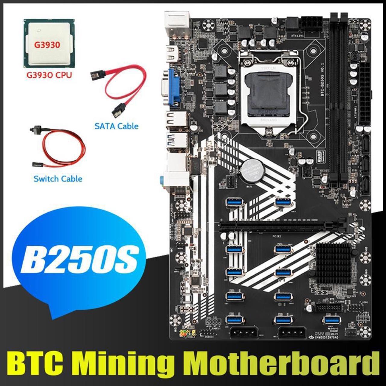 B250S Mining Motherboard+G3930 CPU+Switch Cable+SATA Cable LGA1151 11XUSB3.0+1XPCIE 16X Slot DDR4 ETH Miner Motherboard