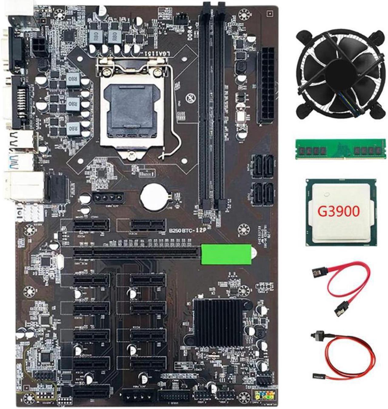 B250 BTC Mining Motherboard LGA1151 with SATA Cable+ Switch Cable+G3900 CPU +Cooling Fan+DDR4 4GB 2666MHZ RAM for Miner