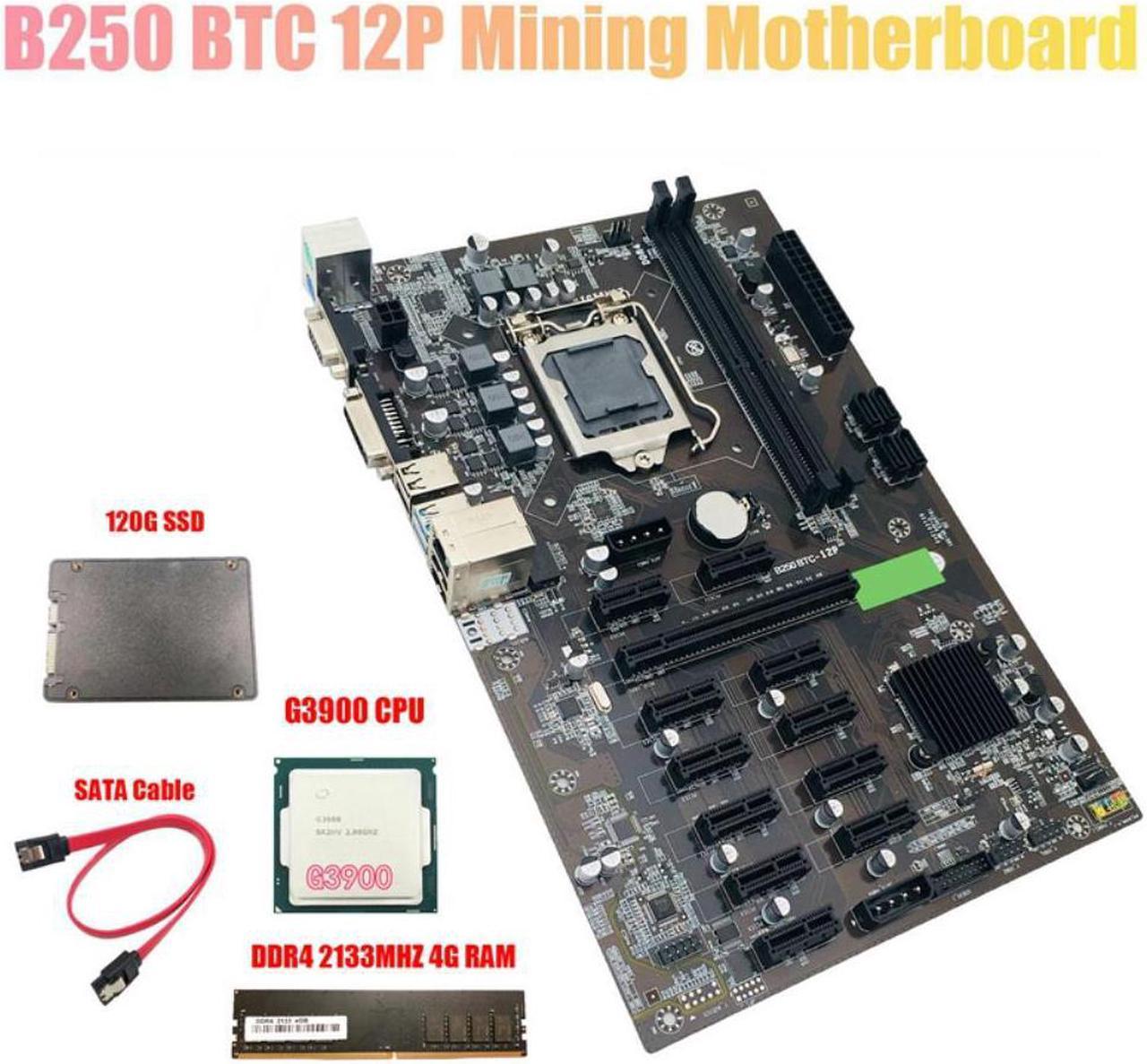 B250 BTC Mining Motherboard with G3900 CPU+120G SSD+DDR4 4GB 2133Mhz RAM+SATA Cable LGA 1151 12XCard Slot for BTC Miner