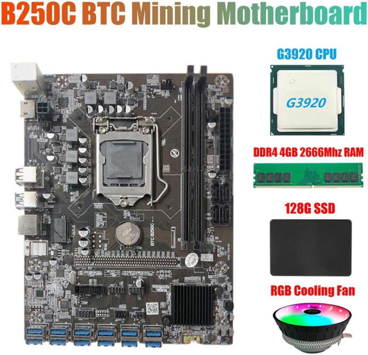 B250C BTC Miner Motherboard+G3920 CPU+RGB Fan+DDR4 4GB 2666Mhz RAM+128G SSD 12XPCIE to USB3.0 Graphics Card Slot