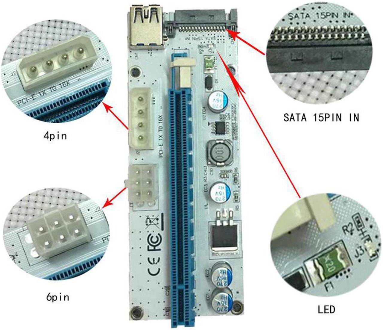 60cm PCI-E Express 1X To 16X Extender Riser Card Adapter USB 3.0 LED SATA 6 Pin Power Cable For BTC Miner Mining