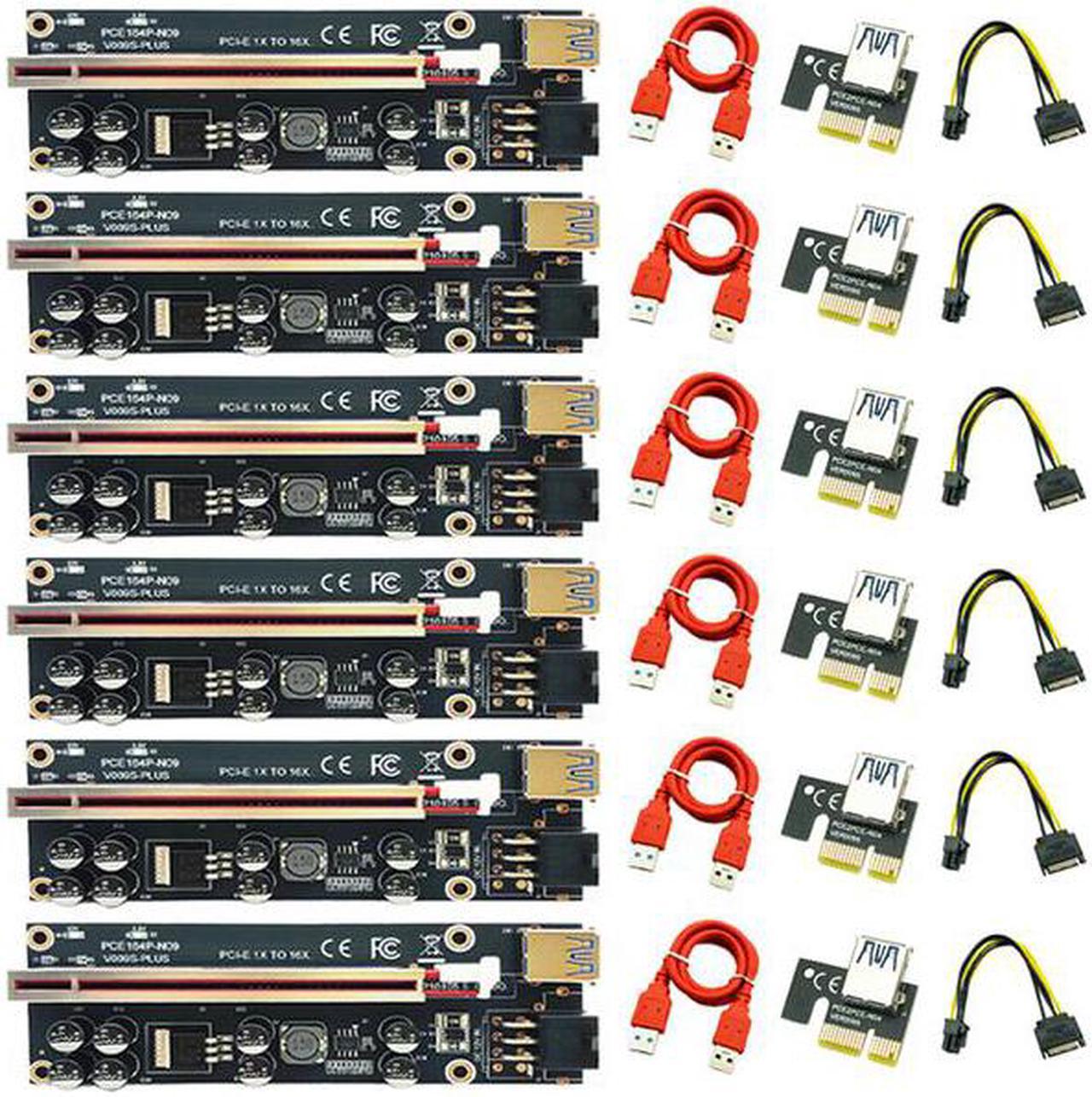 6pcs Mining X1 X16 PCIE Riser 009s Plus LED GPU Riser PCI Express X16 Adapter Molex 6Pin SATA to USB 3.0 Cable for Bitcoin Miner