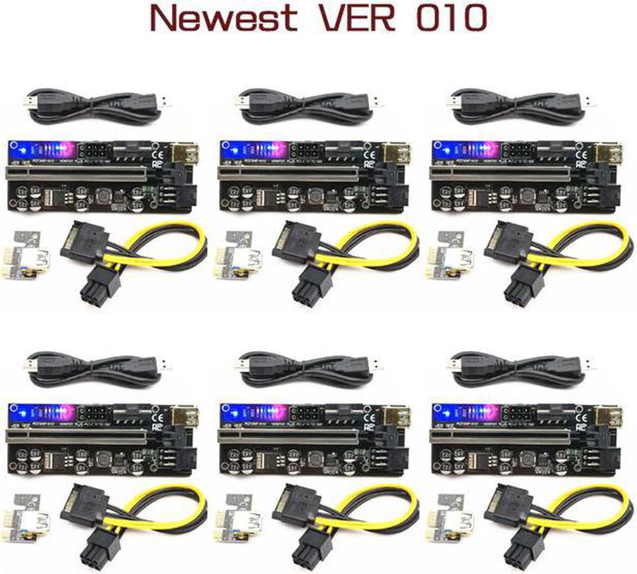 6pcs Riser 010 USB 3.0 PCIE Riser PCI Express X16 Extender Adapter 010S Plus GPU Riser Card SATA 15pin to 6pin Power Marquee LED