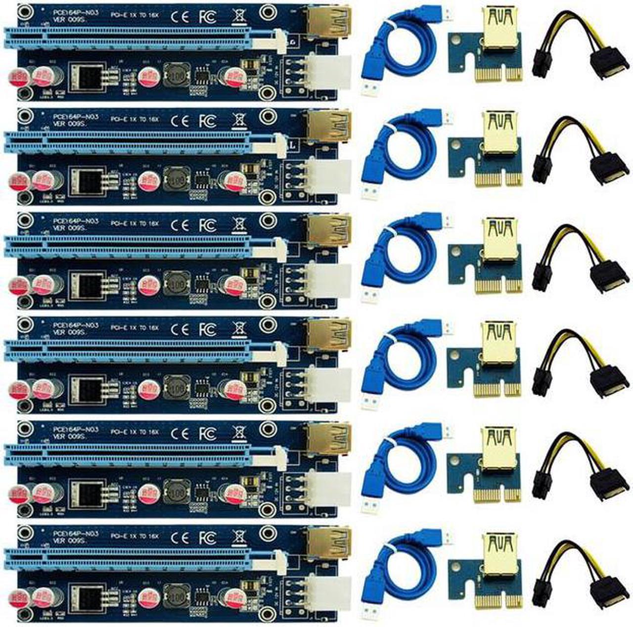 6pcs 009S Riser 3 LED Golden USB 3.0 PCI Express 1X 4x 8x 16x Riser Card SATA to 6pin Power Cable for BTC Miner Antminer Mining