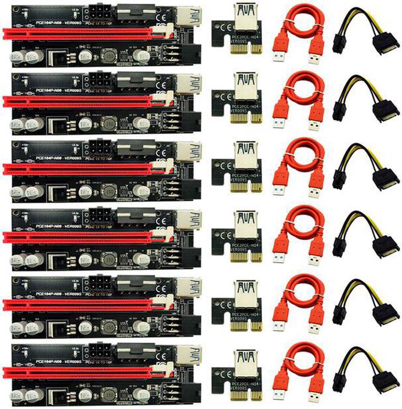 6pcs Dual LED VER009S PCI-E Riser Card 009S PCI Express 1X to 16X 0.6M USB 3.0 Cable 6Pin Molex Power for Bitcoin Miner Mining