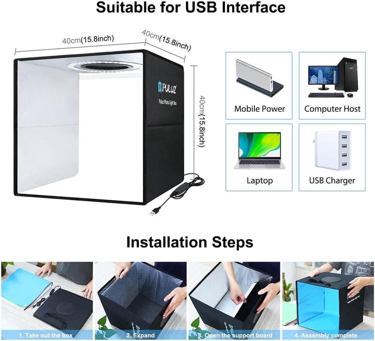 Alt view image 4 of 14 - Portable Photo Studio Light Box, PULUZ 16"X16" Professional Dimmable Shooting Tent Kit with 144 Leds Lights & 6 Kinds Double-Sided Color Backgrounds for Product Photography