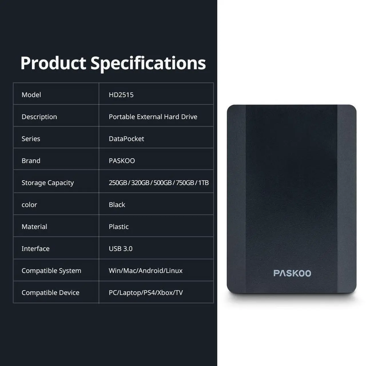 Alt view image 7 of 7 - PASKOO 500GB  HDD 2.5 Inch Portable External Hard Drive USB 3.0 Storage Compatible for PC Mac Desktop MacBook PS4 Xbox one TV 500GB